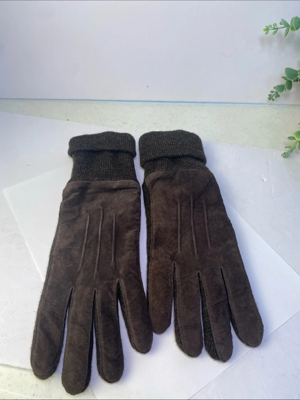 Women’s Leather & Knit Dark Brown Gloves Fleece Lined Size Small-Medium